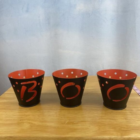 Hallmark Halloween BOO Metal Tea light Candle Holders Votive Black Orange - Picture 1 of 6